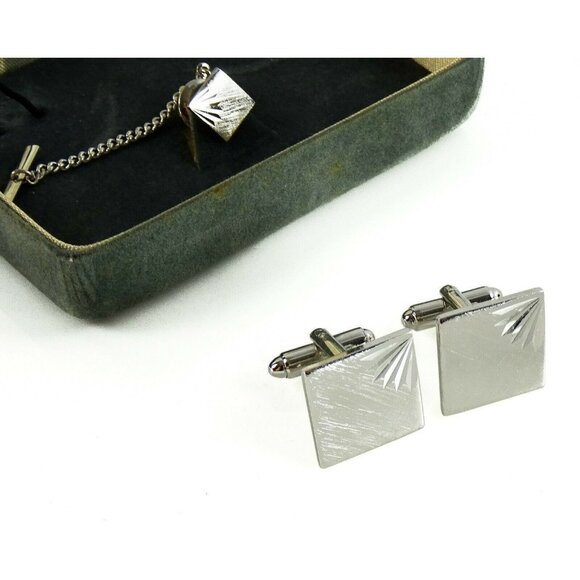 Dante Vintage Cufflinks Set with Tie Tack Pin Silvertone Square Formal Groom Box - Picture 4 of 7